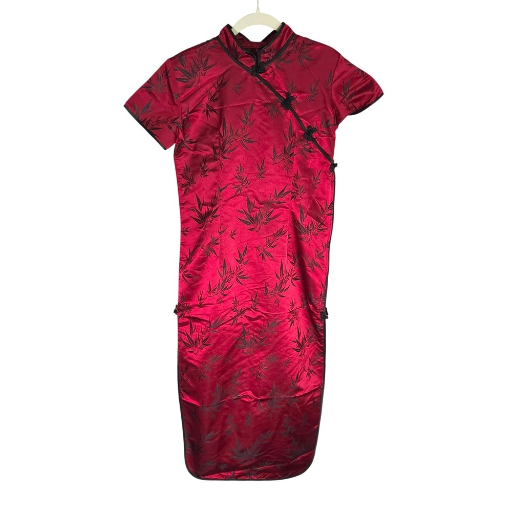 Cheongsam Qipao Dress Womens M Red Bamboo Satin Frog Button Midi Mandarin Collar